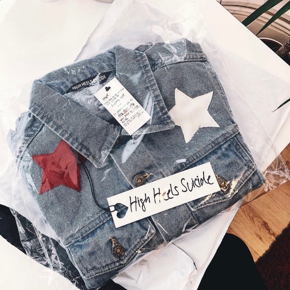 HIGH HEELS SUICIDE WANDERLUST Star Patch Embellished DENIM jean JACKET Sz S - Picture 14 of 16